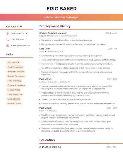 Kitchen Assistant Manager Resume