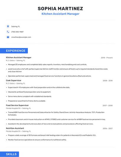 Kitchen Assistant Manager Resume