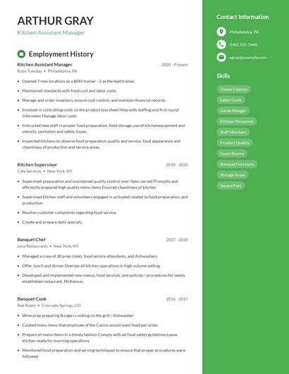 Kitchen Assistant Manager Resume