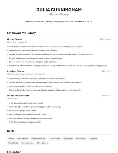Kitchen Cleaner Resume