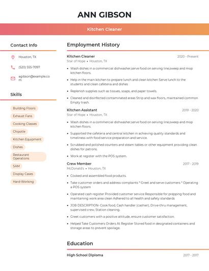Kitchen Cleaner Resume