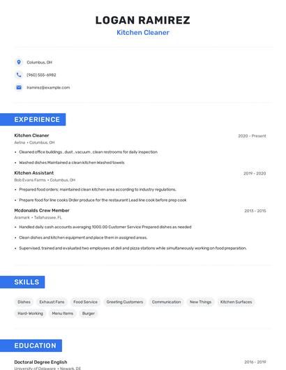 Kitchen Cleaner Resume