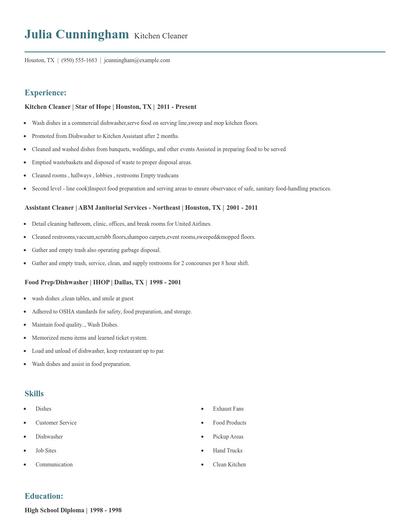 Kitchen Cleaner Resume