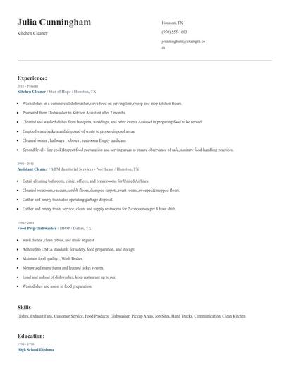 Kitchen Cleaner Resume