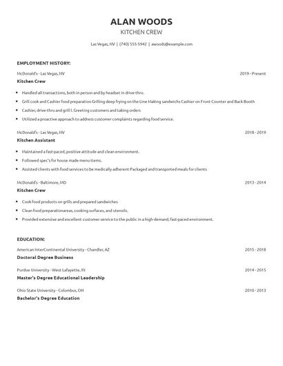 Kitchen Crew Resume
