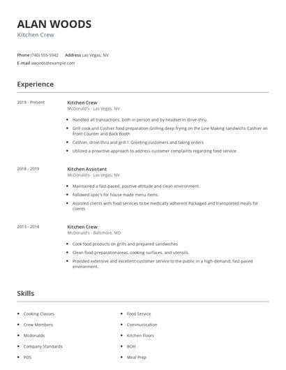 Kitchen Crew Resume