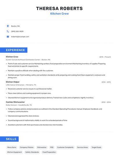 Kitchen Crew Resume