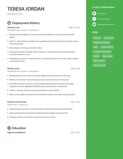 Kitchen Crew Resume