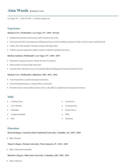 Kitchen Crew Resume