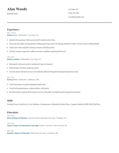 Kitchen Crew Resume