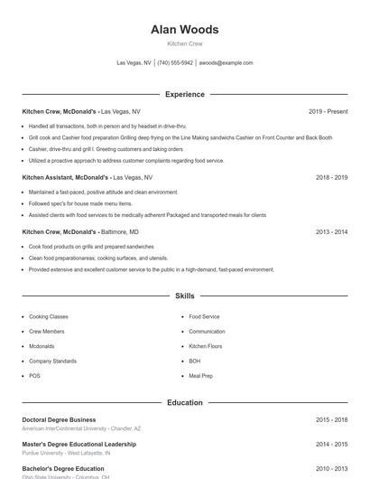 Kitchen Crew Resume