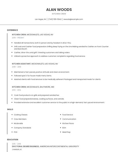 Kitchen Crew Resume