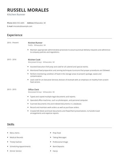 Kitchen Runner Resume