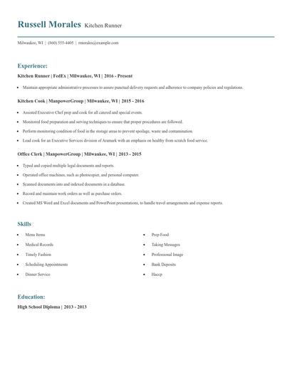 Kitchen Runner Resume