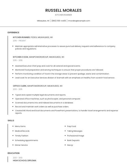 Kitchen Runner Resume