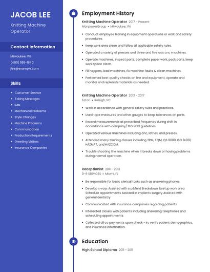 Knitting Machine Operator Resume