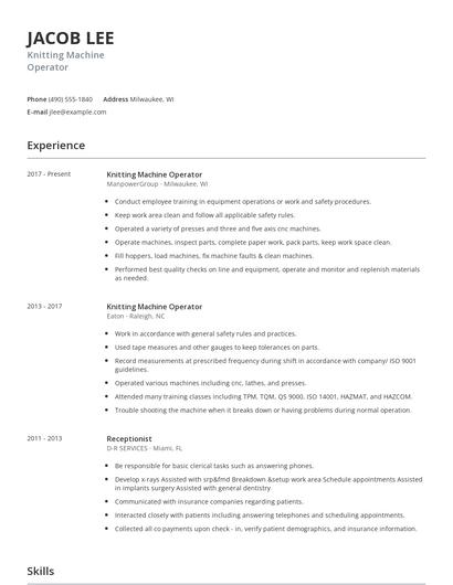Knitting Machine Operator Resume