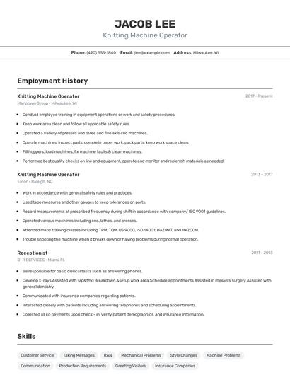 Knitting Machine Operator Resume