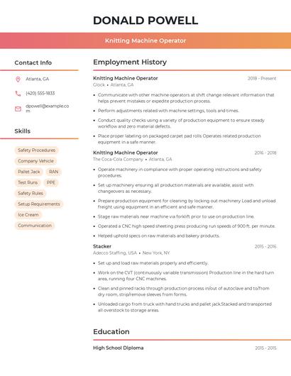 Knitting Machine Operator Resume
