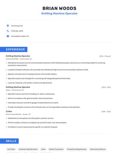 Knitting Machine Operator Resume