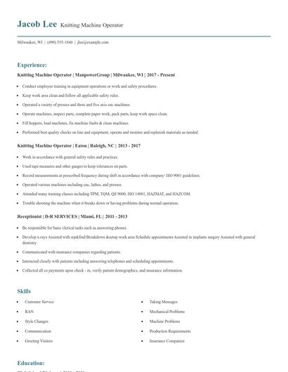 Knitting Machine Operator Resume