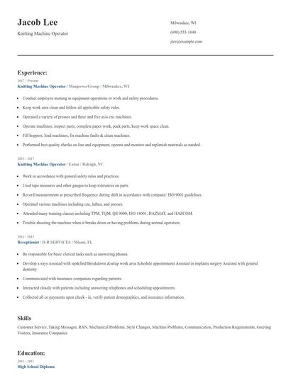 Knitting Machine Operator Resume