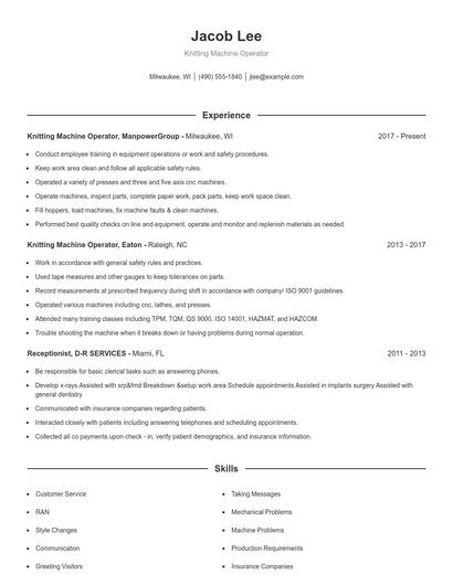 Knitting Machine Operator Resume