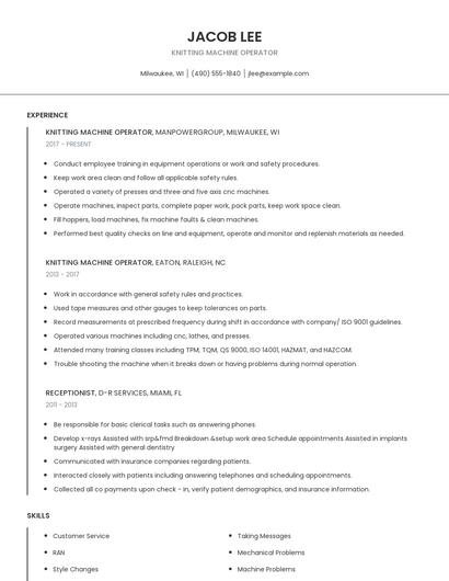 Knitting Machine Operator Resume