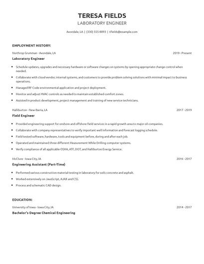 Laboratory Engineer Resume
