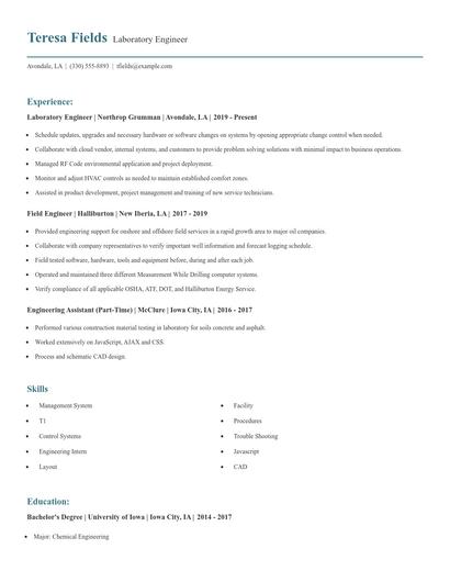 Laboratory Engineer Resume