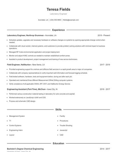 Laboratory Engineer Resume