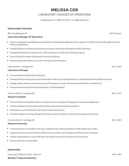 Laboratory Manager Of Operations Resume