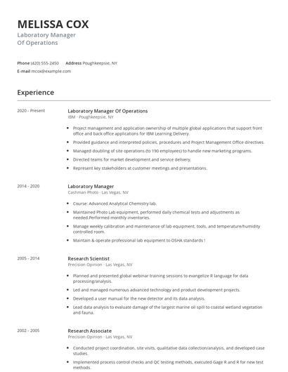 Laboratory Manager Of Operations Resume