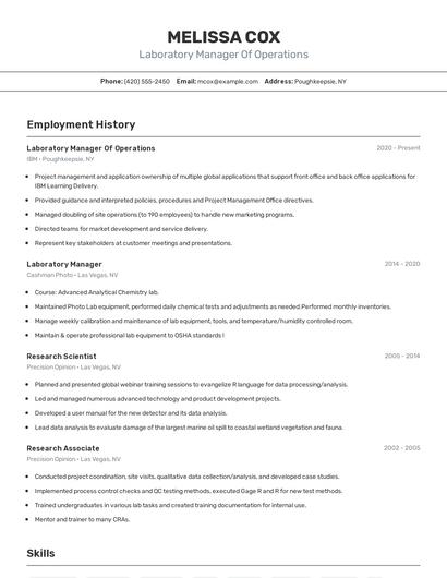 Laboratory Manager Of Operations Resume