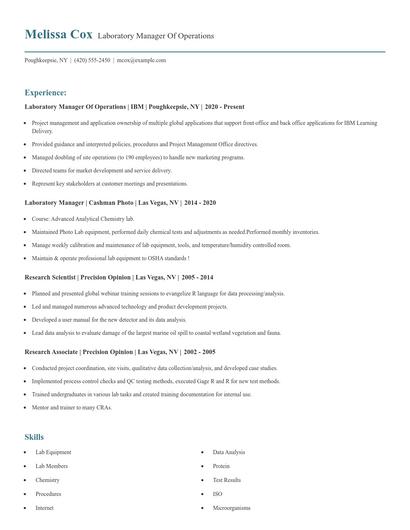 Laboratory Manager Of Operations Resume