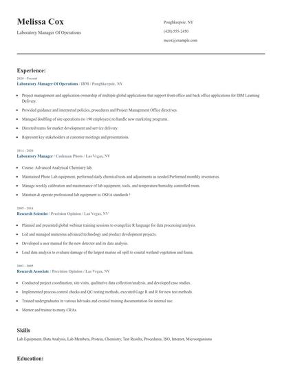 Laboratory Manager Of Operations Resume