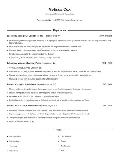 Laboratory Manager Of Operations Resume