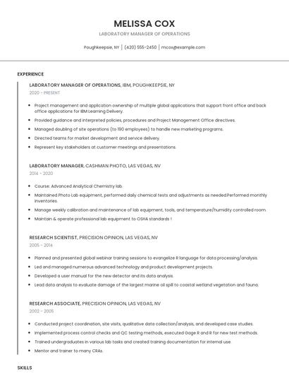 Laboratory Manager Of Operations Resume