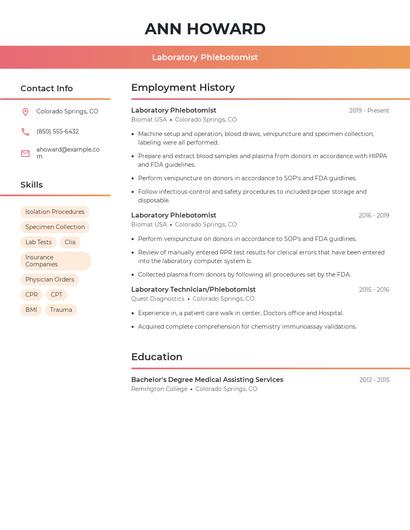 Laboratory Phlebotomist Resume