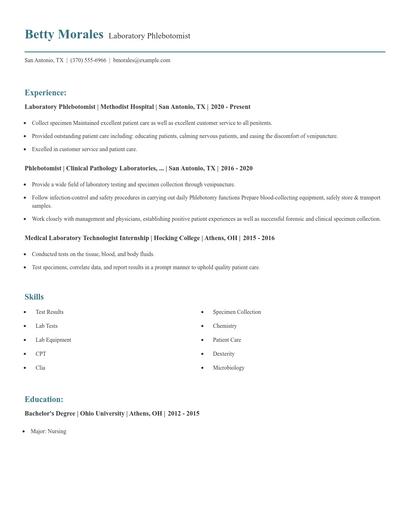 Laboratory Phlebotomist Resume