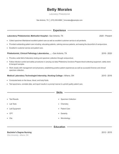 Laboratory Phlebotomist Resume