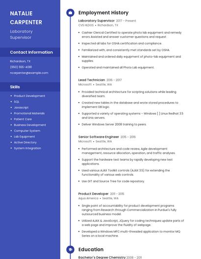 Laboratory Supervisor Resume