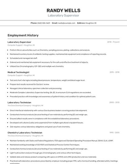 Laboratory Supervisor Resume