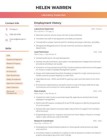 Laboratory Supervisor Resume