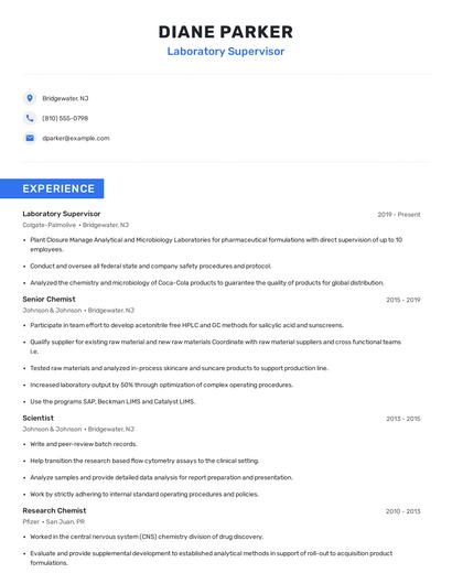 Laboratory Supervisor Resume