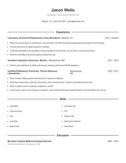 Laboratory Technician/Phlebotomist Resume