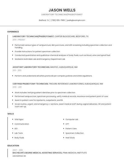 Laboratory Technician/Phlebotomist Resume