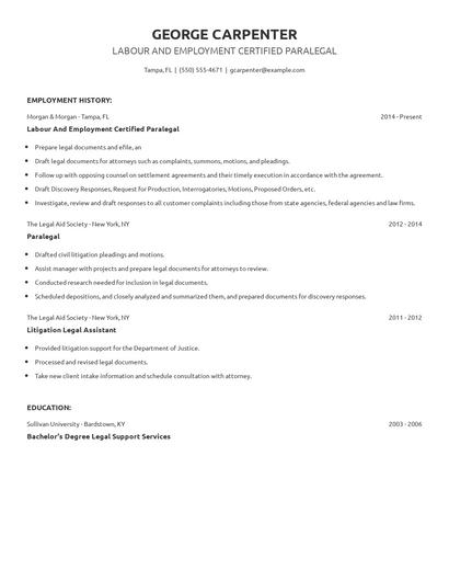 Labour And Employment Certified Paralegal Resume