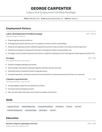 Labour And Employment Certified Paralegal Resume