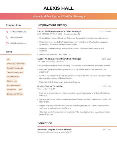 Labour And Employment Certified Paralegal Resume